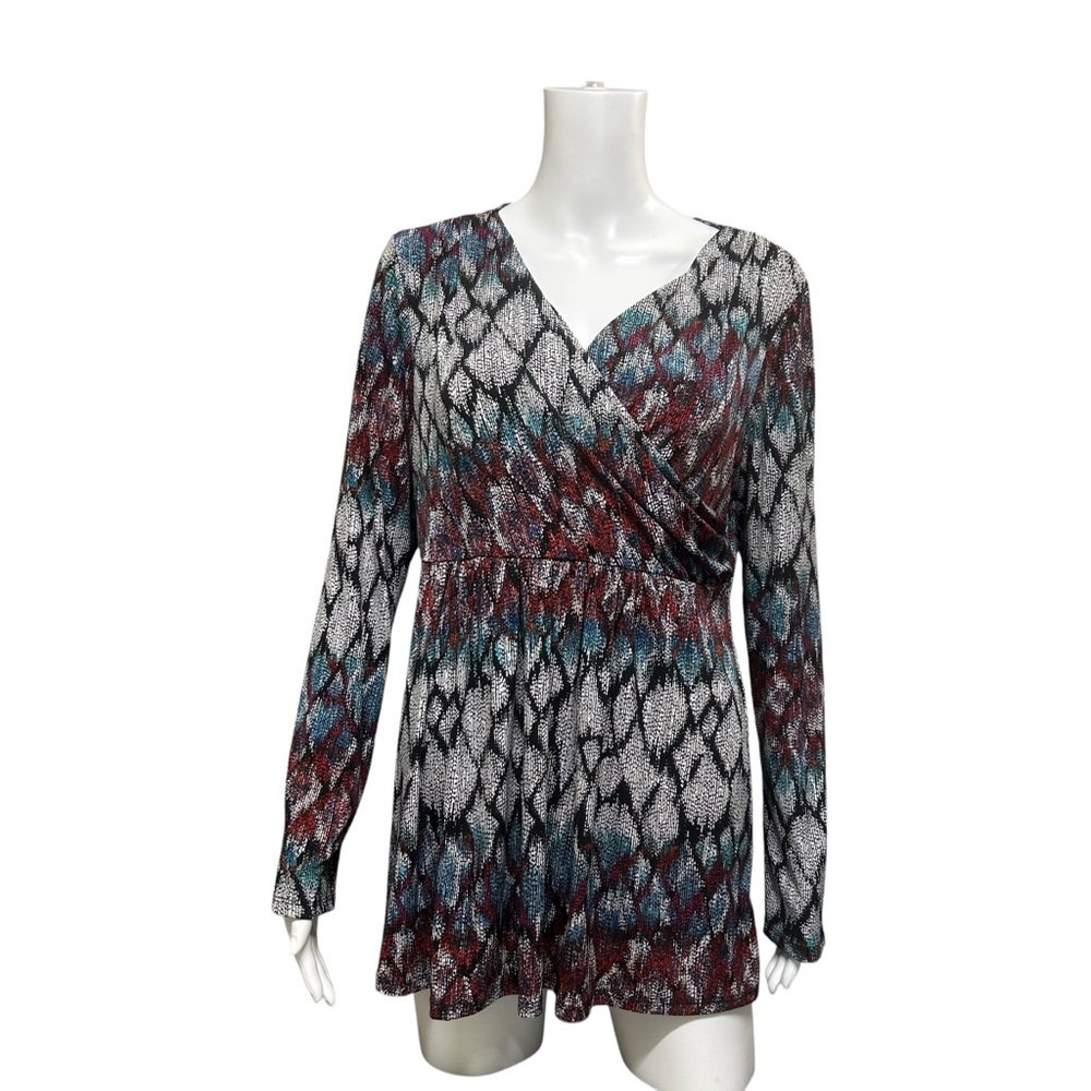 Daisy Fuentes Multicolor Ikat Crossover Front Babydoll Stretchy Top Size L